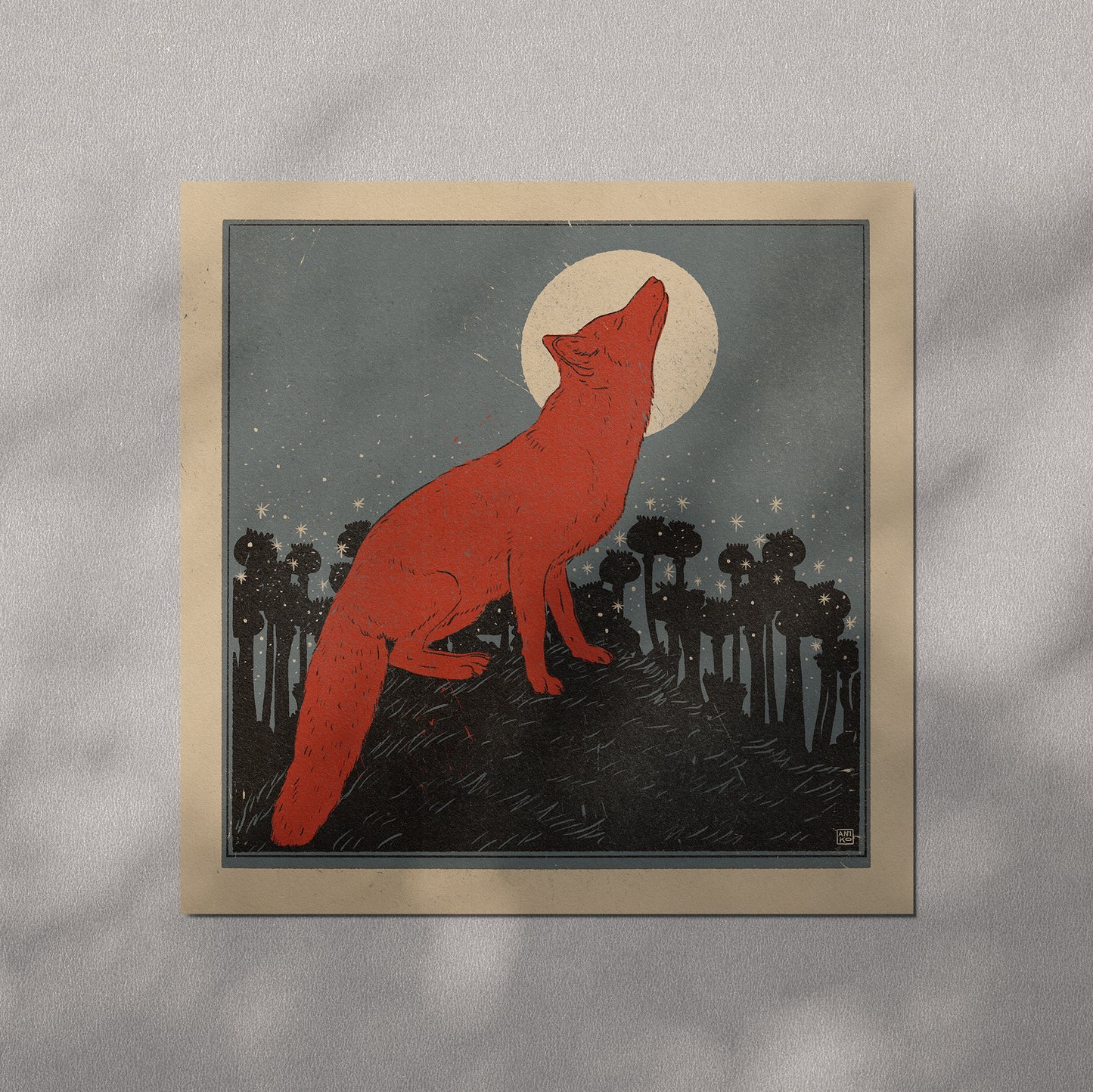 'Red fox and full moon' print